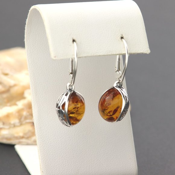 Sterling silver earrings with natural Baltic amber, amber drop earrings, dangle - Picture 12 of 14